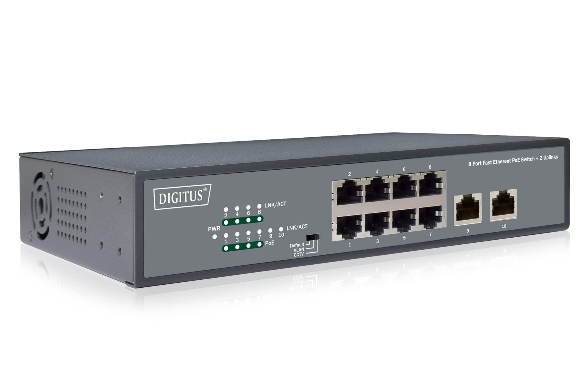 digitus-switch-di-rete-fast-ethernet-poe-19-pollici-8-porte-2x-uplink-rj45-ieee802-3af-at-120w-power-budget-nero