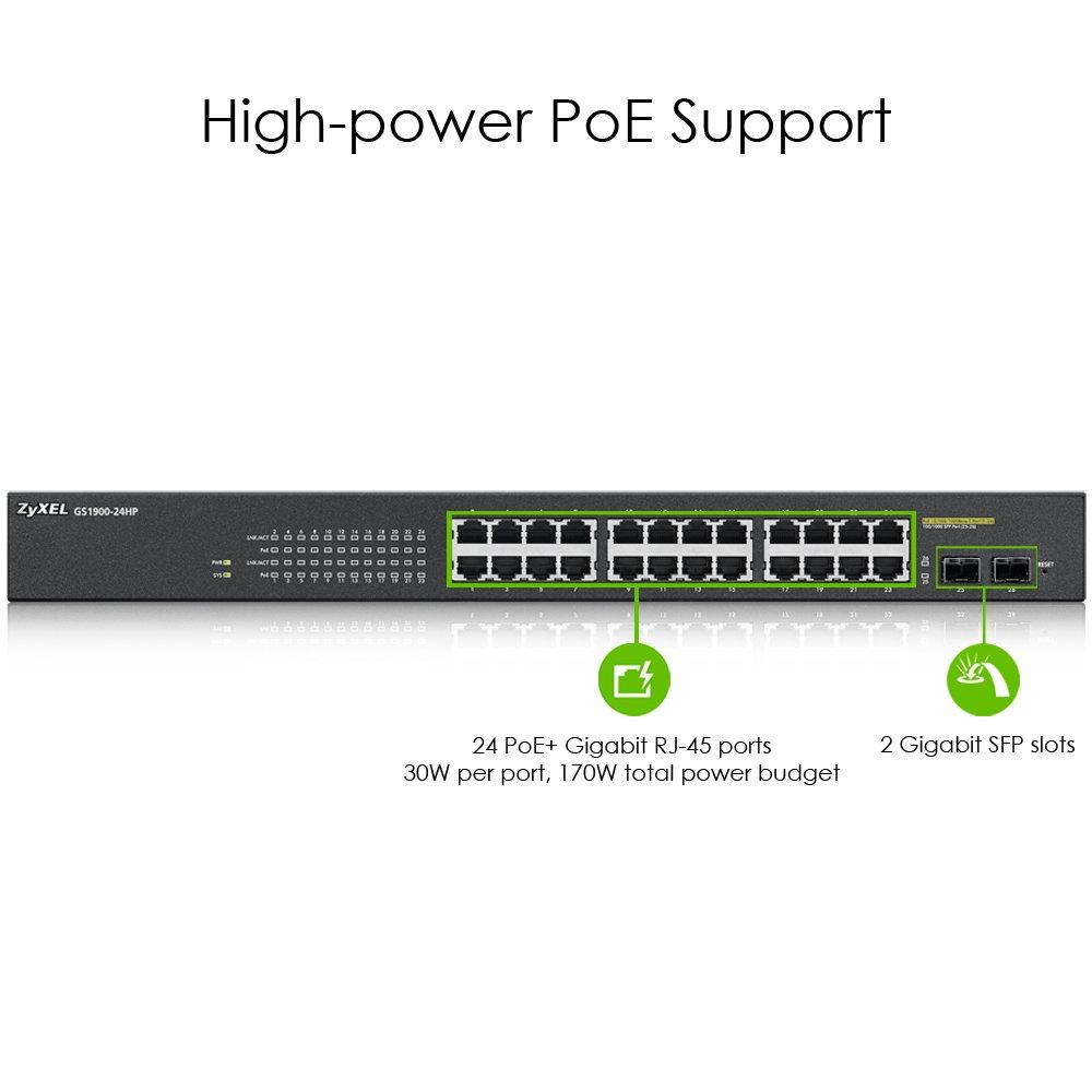 zyxel-24-porte-gigabit-poe-switch-gestione-smart-montaggio-in-rack-24-porte-poe-von-budget-da-170-w-e-2-porte-sfp-vlan-igmp-qos-garanzia-a-vita-gs1900-24hp