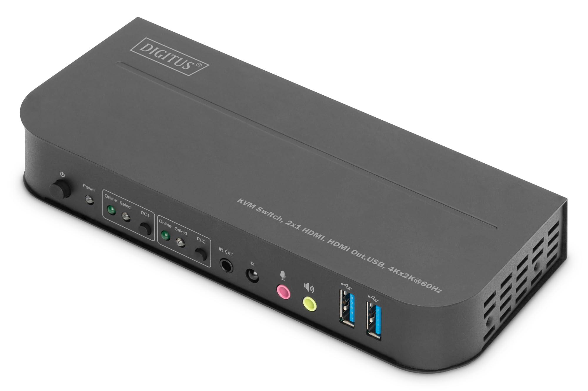 digitus-switch-kvm-hdmi-2-porte-singolo-display-2-pc-1-monitor-1x-mouse-tastiera-e-audio-per-2-computer-uhd-4k-60hz-4096-x-2160p-commutatore-hot-key-2x-hub-usb-3-0-nero