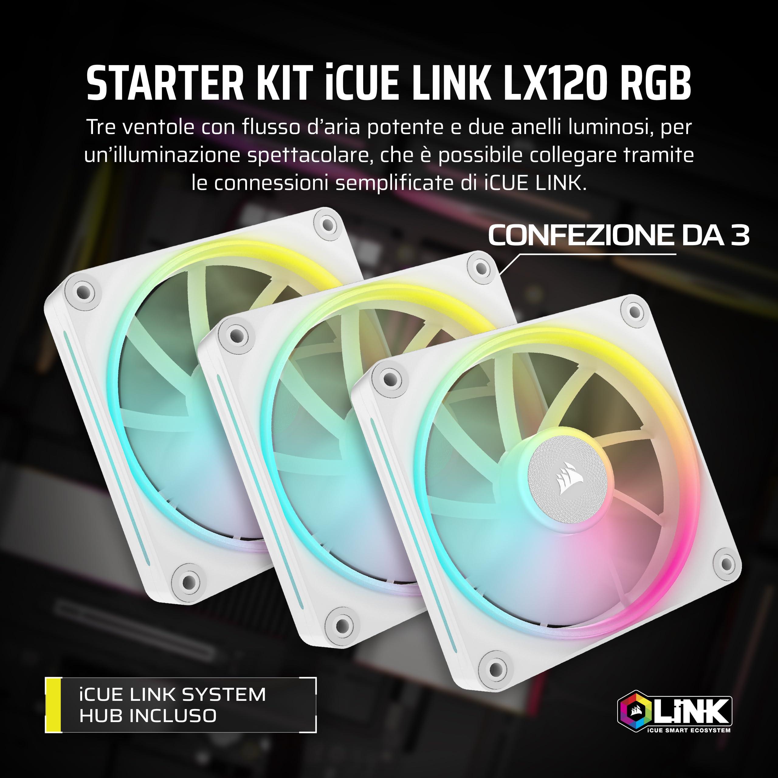 corsair-icue-link-lx120-rgb-120-mm-pwm-ventole-confezione-tripla-doppio-anello-luminoso-include-icue-link-system-hub-tecnologia-corsair-airguide-bianco