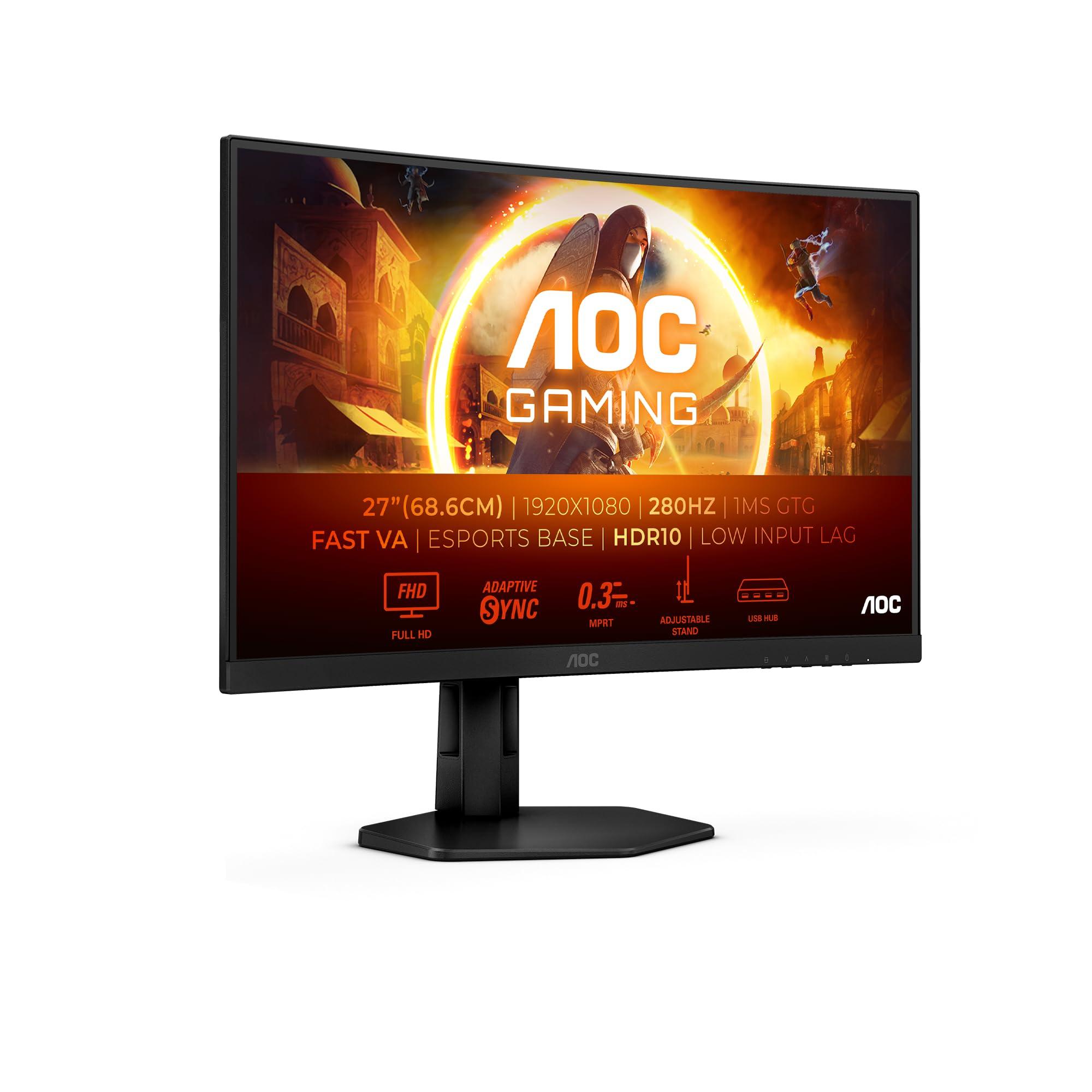 aoc-gaming-monitor-c27g4zxu-27-pollici-curvo-1920x1080-fhd-280hz-fast-va-panel-0-3ms-mprt-usb-hub-speakers-hdmi2x-2-0-dp-1x-1-4-adaptive-sync-hdr10-freesync-premium-nero