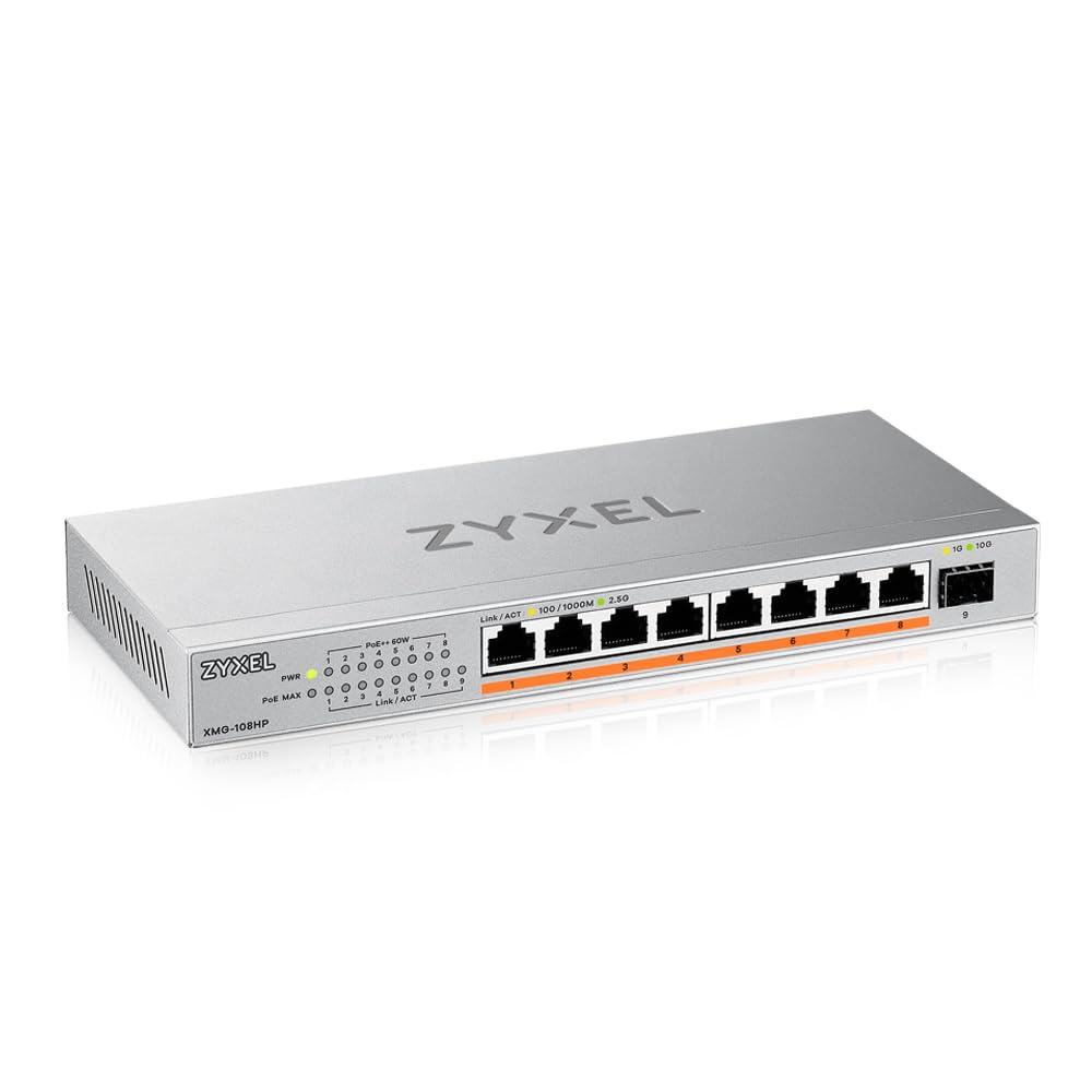 zyxel-switch-poe-8-porte-unmanaged-multi-gigabit-switch-ethernet-2-5g-8x-poe-budget-100w-1x-10gb-sfp-montaggio-su-desktop-o-a-parete-xmg-108hp