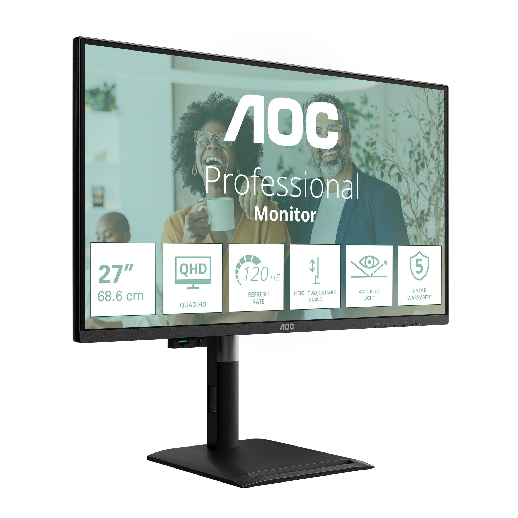 aoc-monitor-q27p4cv-da-27-pollici-wqhd-usb-c-120-hz-pannello-ips-gtg-4-ms-sinc-adattiva-modalita-hdr-regolazione-dell-altezza-altoparlanti-2560-x-1440-hdmi-1x-2-0-dp-1-4-hub-usb-nero