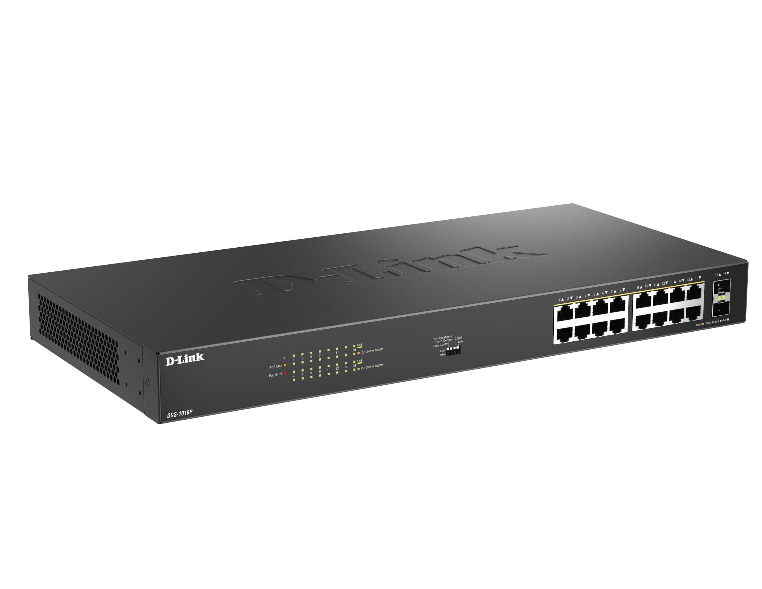 d-link-switch-poe-non-gestito-gigabit-a-18-porte-dgs-1018p-16-porte-poe-budget-240w-2-uplink-sfp-plug-and-play-alloggiamento-in-metallo-raffreddato-a-ventola-montaggio-su-rack-ieee-802-3af