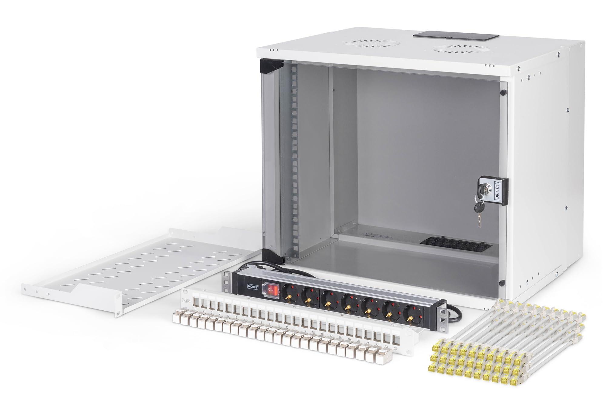 digitus-set-di-rete-da-19-pollici-armadio-di-rete-9u-soho-pro-scaffale-1u-pannello-patch-a-24-porte-24-moduli-keystone-30-cavi-patch-striscia-di-prese-non-montato-grigio