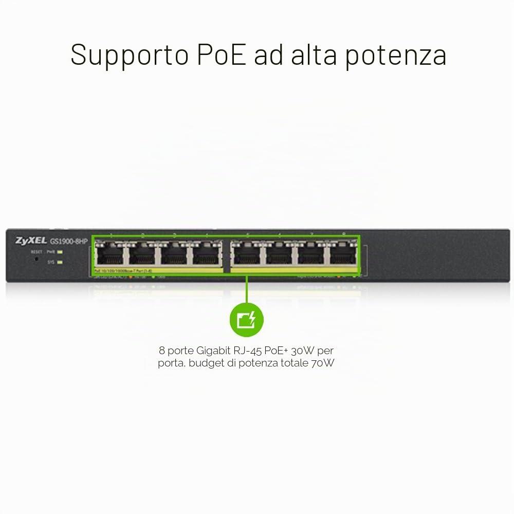 zyxel-8-porte-gigabit-poe-switch-gestione-smart-montaggio-a-parete-da-tavolo-e-senza-ventola-8-porte-poe-con-budget-da-70-w-vlan-igmp-qos-garanzia-a-vita-gs1900-8hp