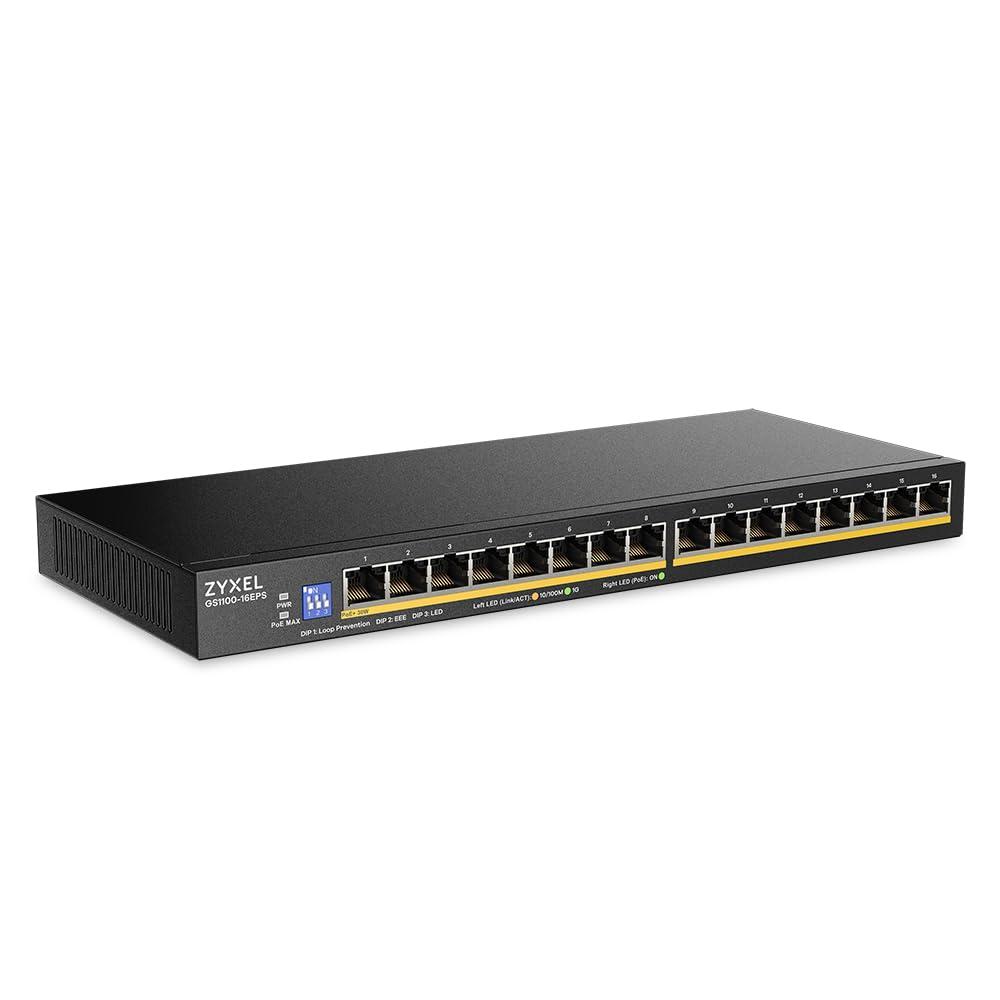 zyxel-switch-poe-16-porte-switch-ethernet-gigabit-non-gestito-16x-gbe-poe-con-budget-di-135-w-design-slim-dip-commutabile-senza-ventola-kit-di-montaggio-a-parete-inclusi-gs1100-16eps