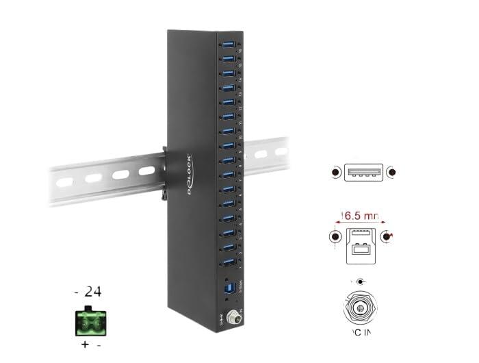 delock-industrie-hub-16-x-usb-5-gbps-type-a-mit-8-kv-esd-schutz-und-hutschienenbefestigung