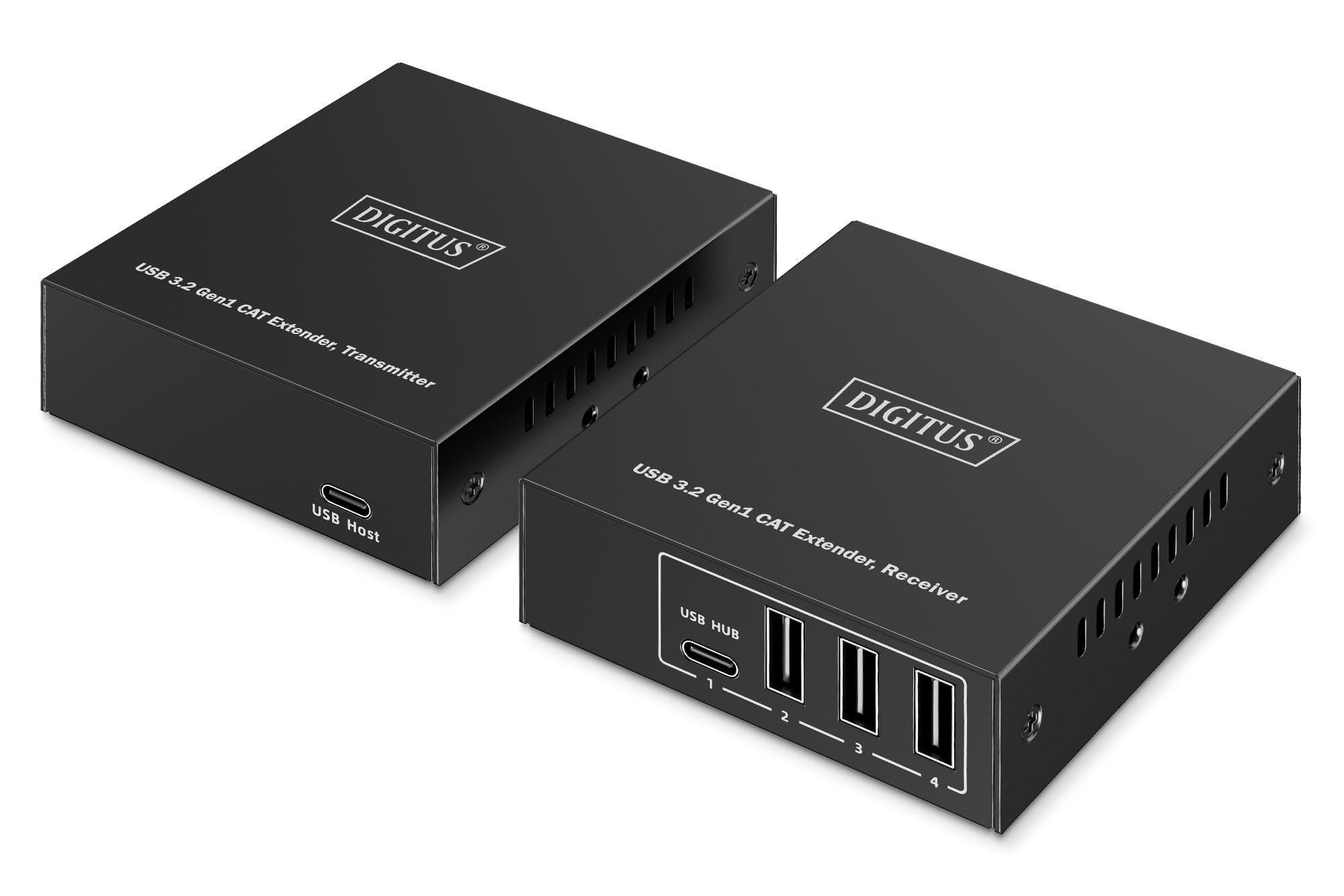 digitus-extender-usb-3-2-gen1-su-ethernet-hub-usb-a-4-porte-3x-tipo-a-1x-tipo-c-raggio-di-100-m-con-cavo-di-rete-cat-6-5-gbps-nero
