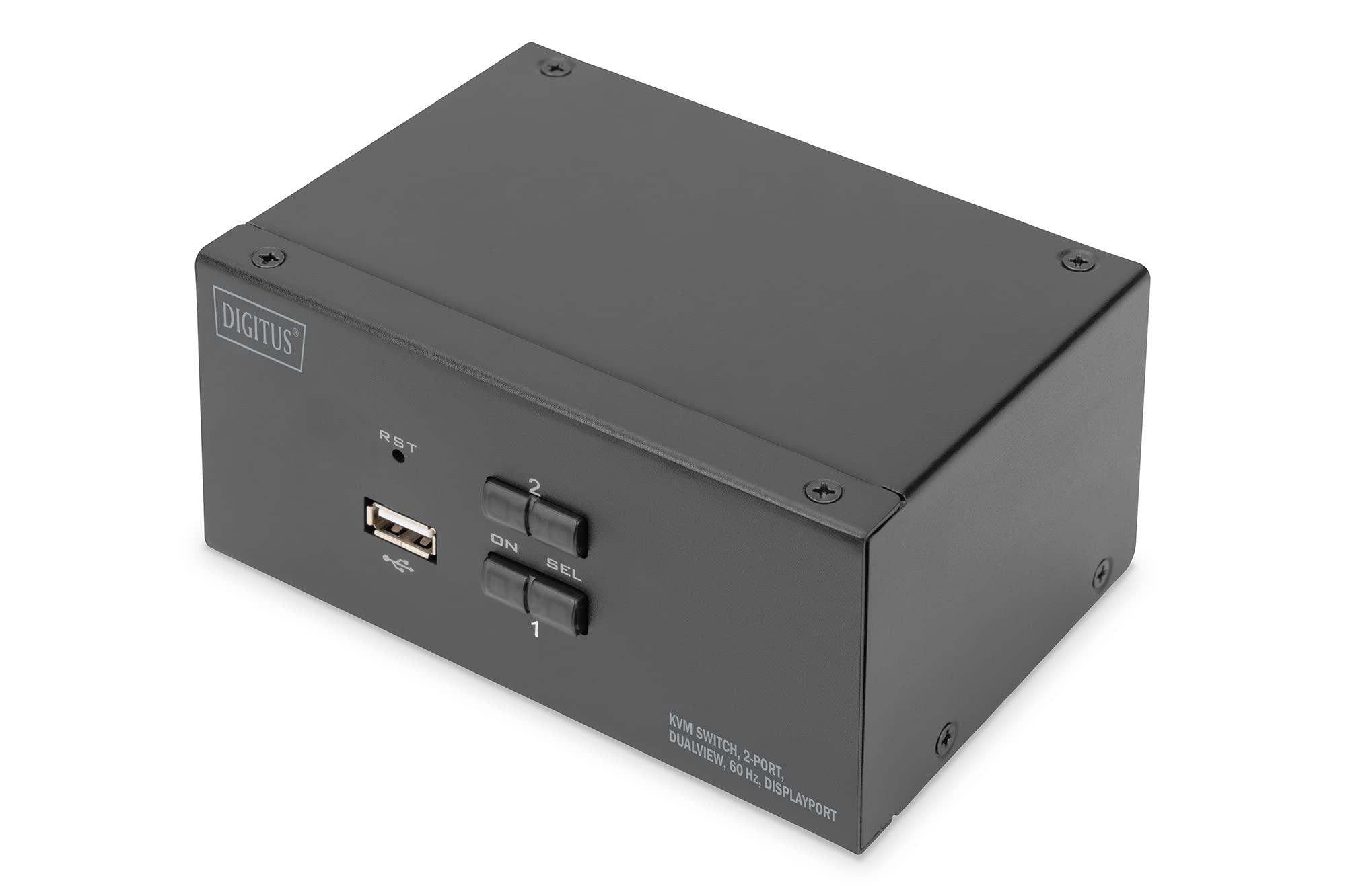 digitus-kvm-switch-displayport-doppio-display-a-2-porte-2-pc-2-monitor-1x-mouse-tastiera-e-audio-per-2-computer-uhd-4k-60hz-3840-x-2160p-hot-key-kvm-switch-1x-hub-usb-2-0-nero
