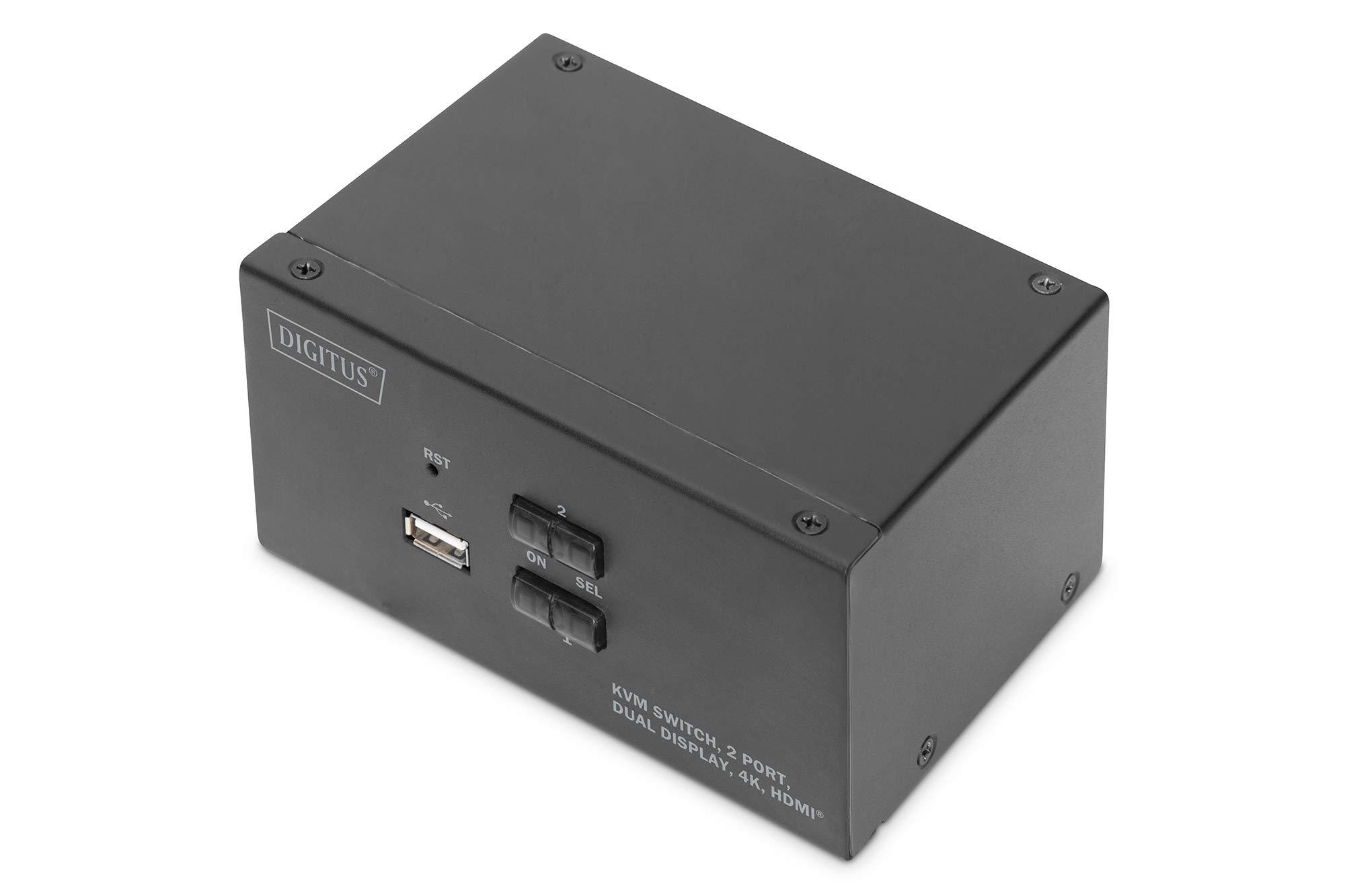 digitus-kvm-switch-hdmi-doppio-display-a-2-porte-2-pc-2-monitor-1x-mouse-tastiera-e-audio-per-2-computer-uhd-4k-30hz-3840-x-2160p-hot-key-kvm-switch-1x-hub-usb-2-0-nero
