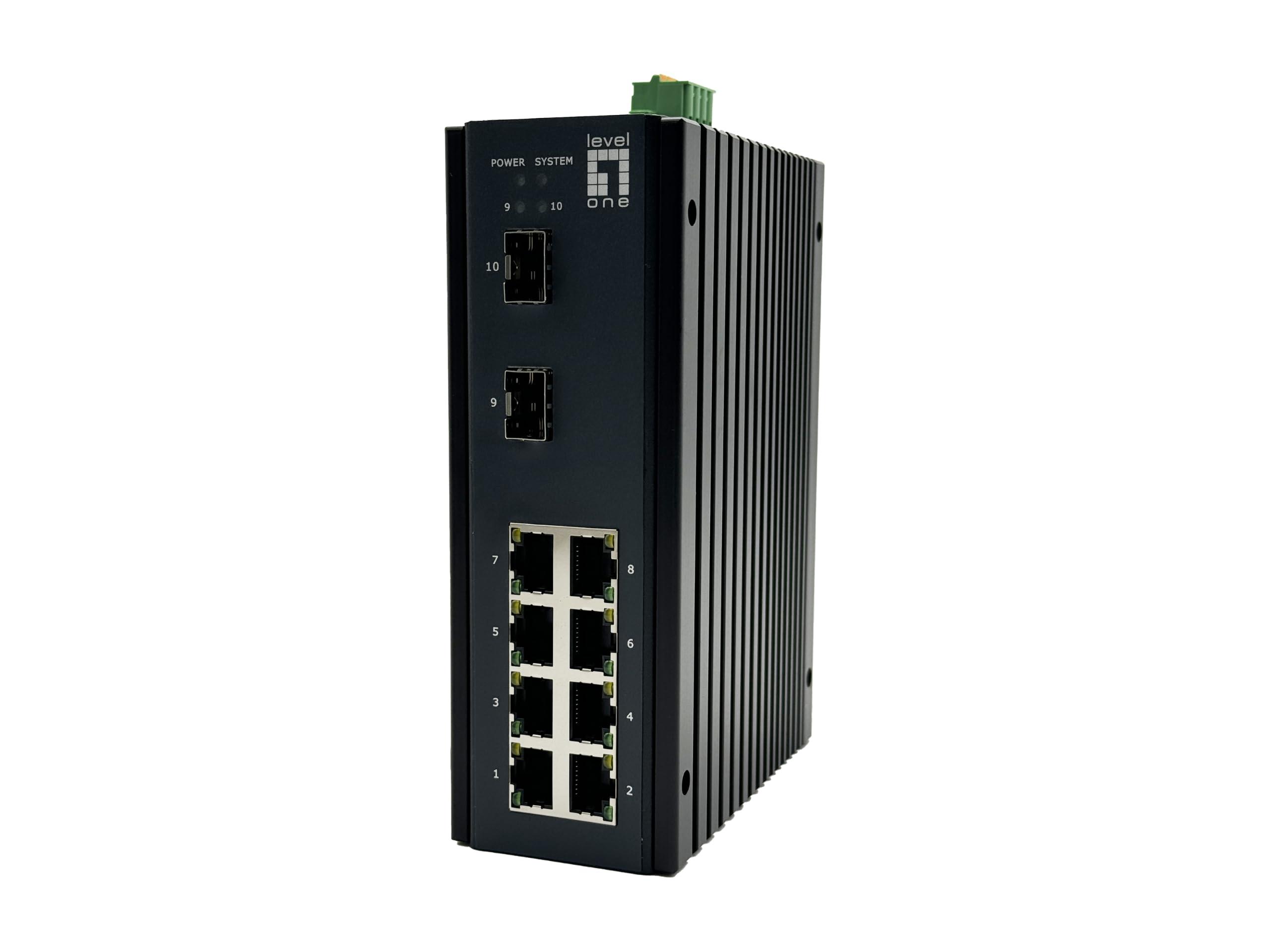 levelone-10-port-l2-managed-gigabit-industrieswitch-8x-1gbe-rj45-2x-1-2-5gbe-sfp-din-schienenmontage-40-c-bis-75-c-managed-l2-gigabit-ethernet-10-100-1000
